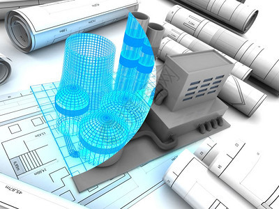 3d工厂设计文件和蓝线模型的3个插图工厂项目