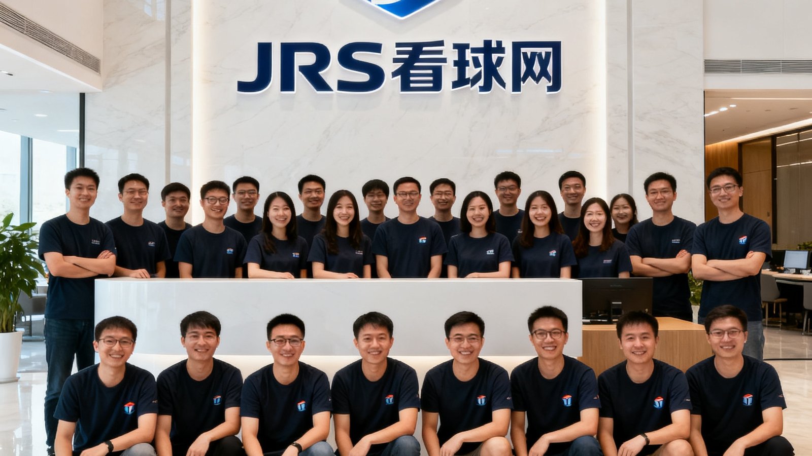 JRS看球网广州总部团队合影：50多名核心成员在公司前台大厅排成三排，背景墙上挂着巨大的品牌标志，团队成员穿着统一的深色文化衫，笑容自信，展现出科技创业公司的活力与凝聚力